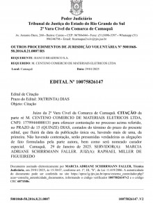 EDITAL DE CITAÇÃO DE M. CENTENO COMÉRCIO DE MATERIAS ELÉTRICOS LTDA