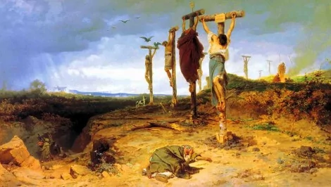 Uma pintura mostrando os insurgentes crucificados ao longo da estrada Apia de Roma a Cápua (CRÉDITO: FYODOR BRONNIKOV)