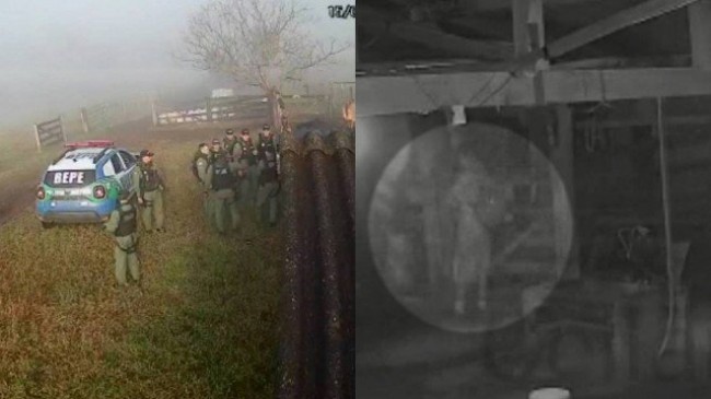 A mobilização policial na fazenda invadida por Lázaro e o suspeito, de mochila (CRÉDITO: REPRODUÇÃO)
