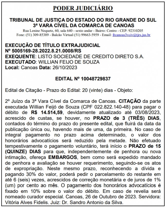 EDITAL DE CITAÇÃO - 3ª VARA CÍVEL DA COMARCA DE CANOAS